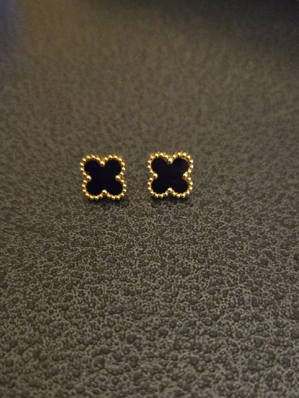 Gold-Trim Black Clover Stud Earrings